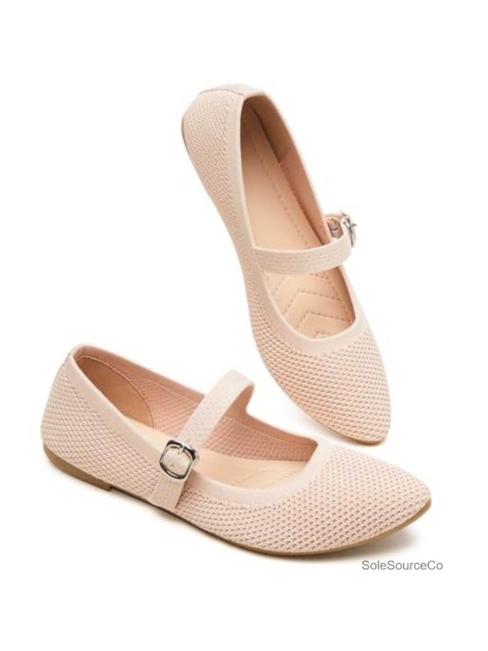 Women's Mary Jane Flats Buckle Strap Pointed-Toe Dress Shoes Knit Memory Foam